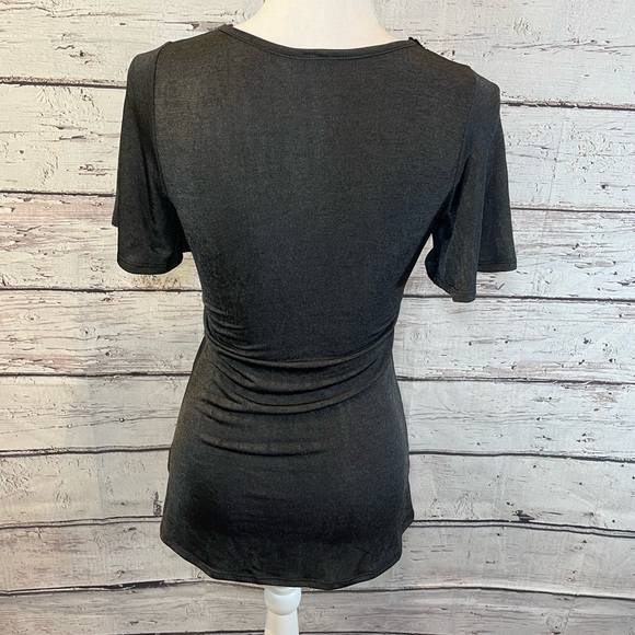 YOYO 5 Shimmery Black Drape Front Short Sleeve Blouse w Embellished Neckline-M - Picture 3 of 4